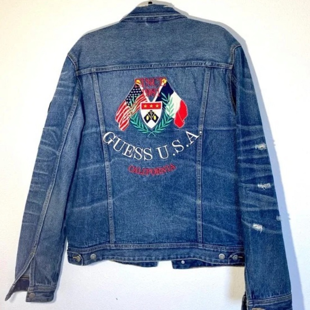 Guess Jean Jacket Denim Distressed Embroidered Patches Men’s L